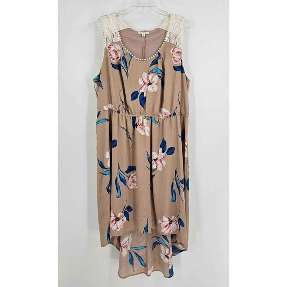 Ophelia Rose Tan Sleeveless Lace Shoulders Floral Hi Low Hem Lined Dress Sz 2X